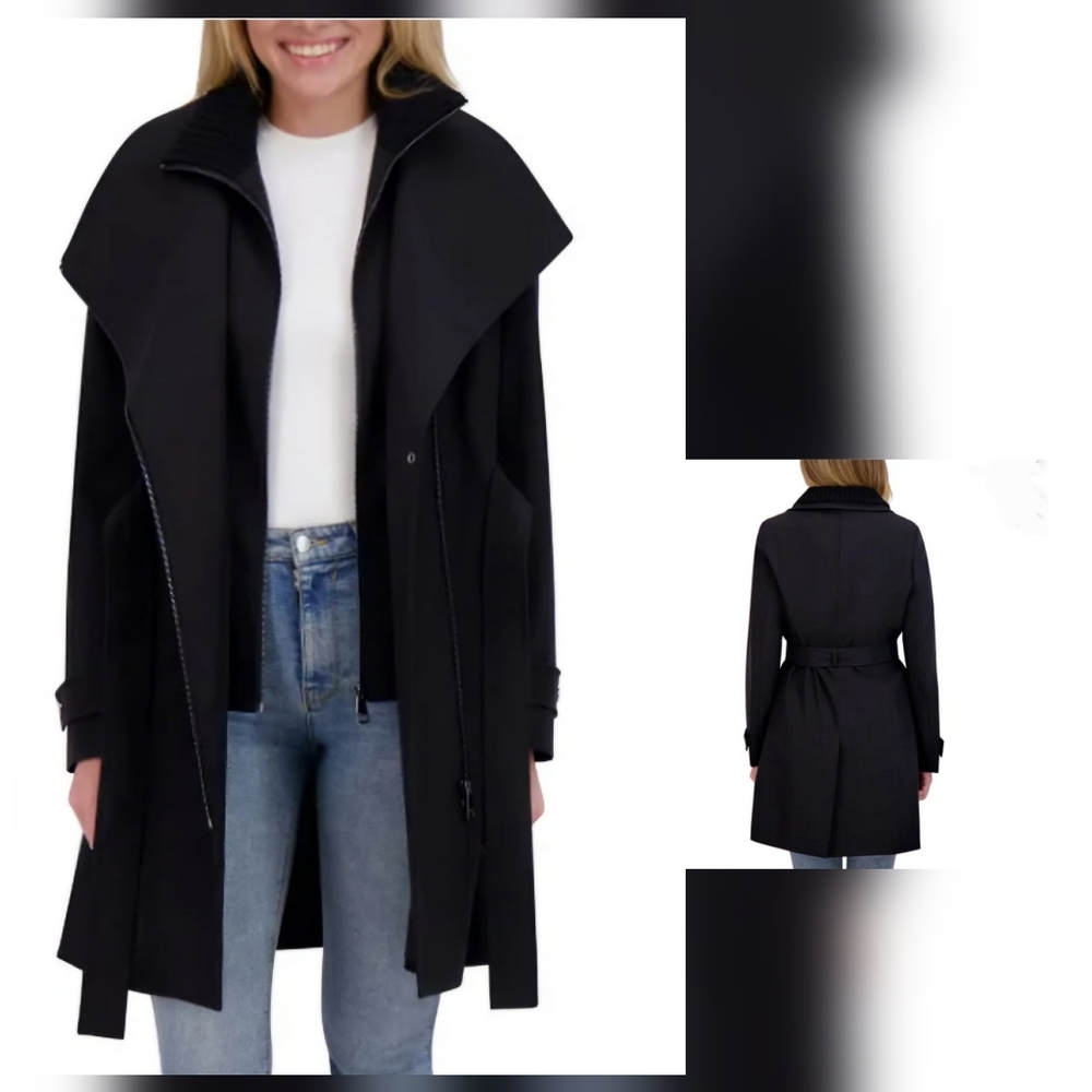 NEW! Halston Black Belted Trench Coat Size S